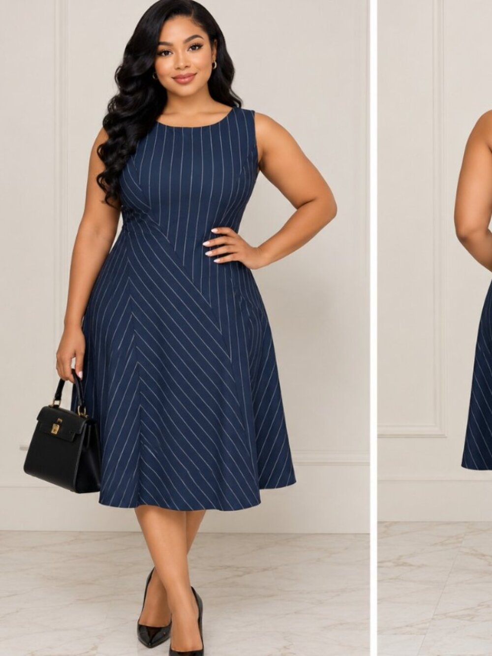 DKNY Women's Classic Navy Blue Pinstripe Sleeveless A- Line Dress Size 10 NWT